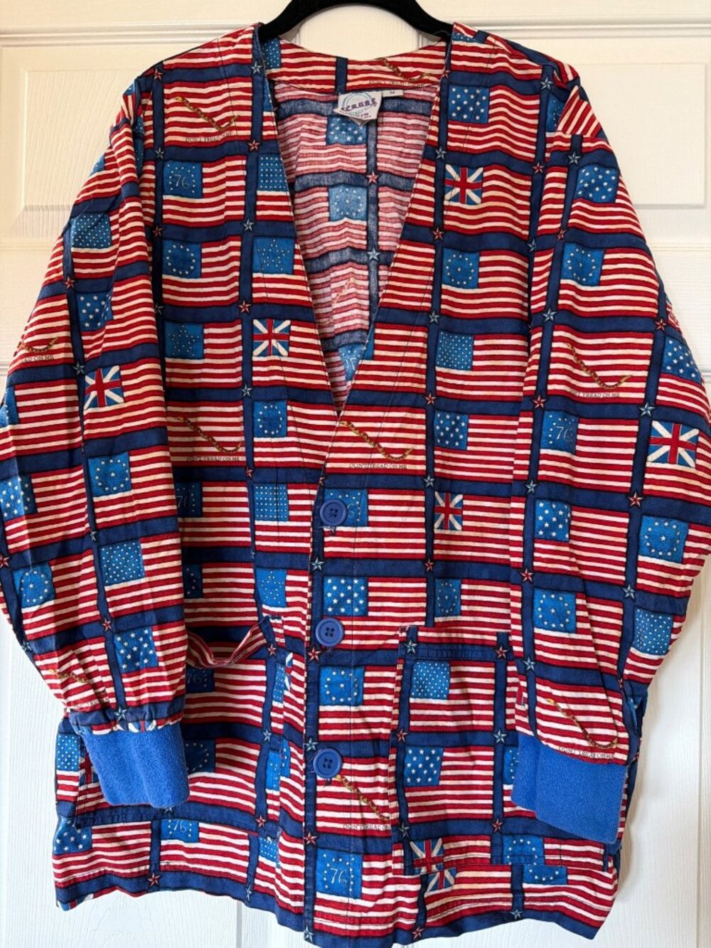 Patriotic Print S.C.R.U.B.S. Button-Front Jacket With Pockets Size M 100% Cotton